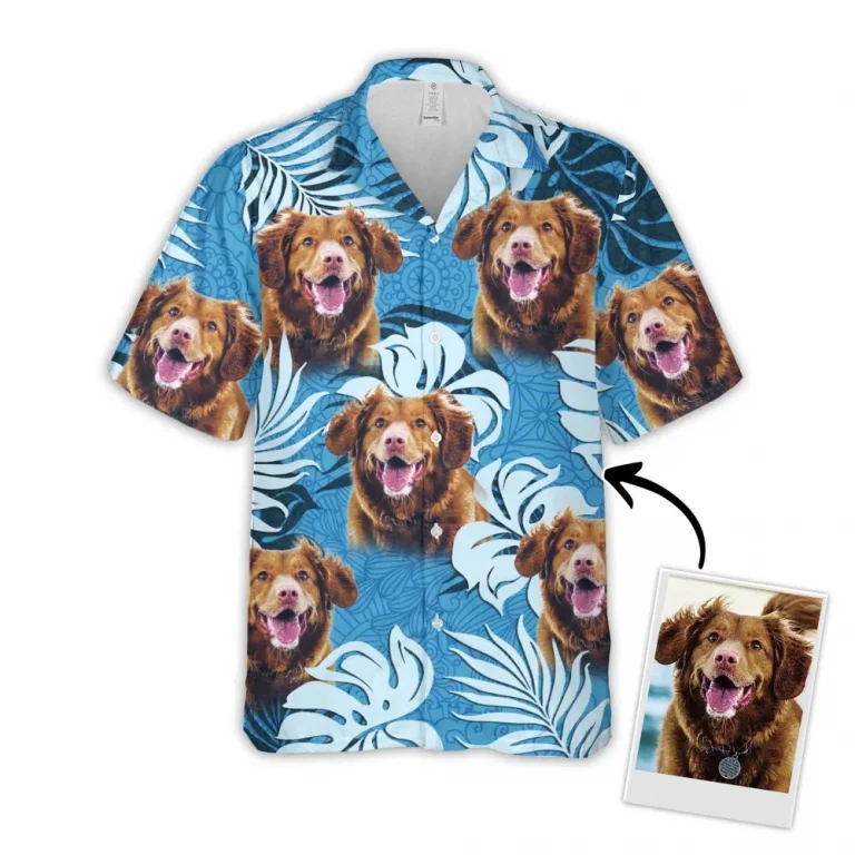 Custom Hawaiian Shirt With Pet Photo, Personalized Gift For Pet Lovers, Leaves Pattern Sea Blue Color Aloha Shirt