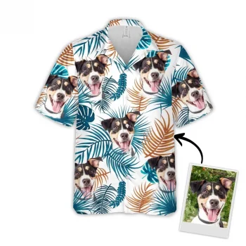 Custom Hawaiian Shirt With Pet Face, Personalized Gift For Pet Lovers, Leaves Pattern White Color Aloha Shirt