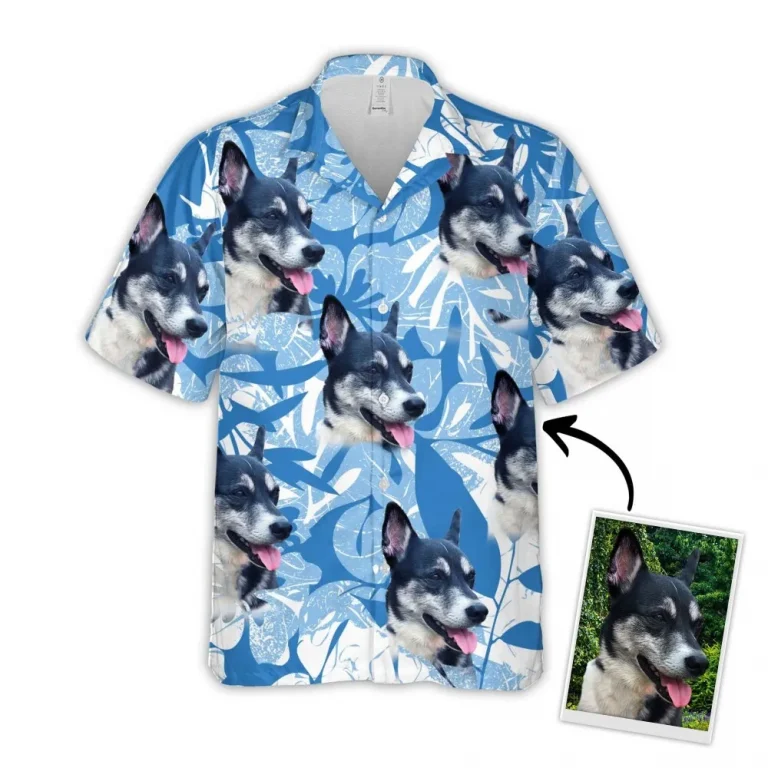 Custom Hawaiian Shirt For Dog Lovers, Personalized Puppy Lovers Gift, Leaves & Flowers Pattern Blue Color Aloha Shirt