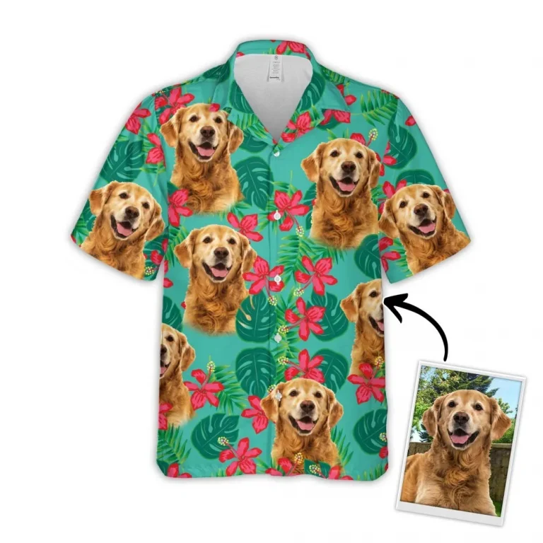 Custom Hawaiian Shirt For Dog Lovers, Personalized Puppy Lovers Gift, Leaves & Flowers Pattern Mint Color Aloha Shirt