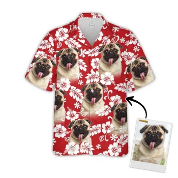 Custom Hawaiian Shirt For Dog Lovers, Personalized Puppy Lovers Gift, Leaves & Flowers Pattern Red Coloraloha Shirt