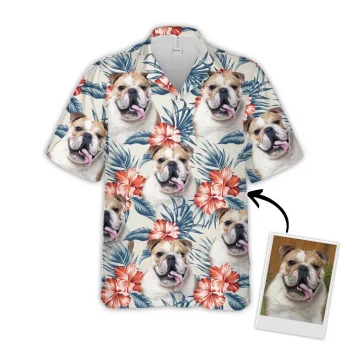 Custom Hawaiian Shirt For Dog Lovers, Personalized Puppy Lovers Gift, Leaves & Flowers Pattern White Color Aloha Shirt