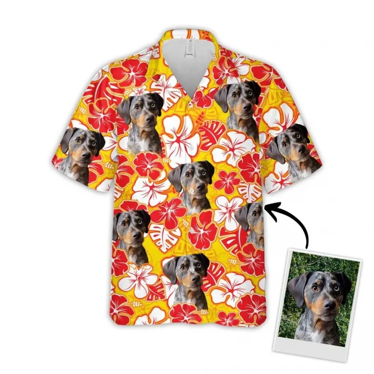 Custom Hawaiian Shirt With Pet Face, Personalized Gift For Pet Lovers, Leaves & Flowers Pattern Yellow Color Aloha Shirt