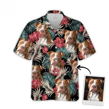 Custom Hawaiian Shirt With Pet Face, Personalized Gift For Pet Lovers, Vintage Beautiful Hibiscus And Palms Dark Emerald Color Aloha Shirt