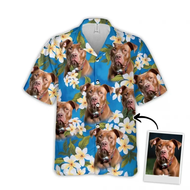 Custom Hawaiian Shirt With Pet Face, Personalized Gift For Pet Lovers, White Plumeria Bouquet On Turquoise Sea Blue Color Aloha Shirt