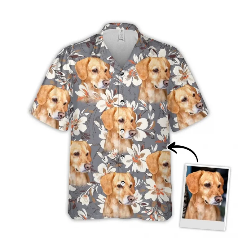 Custom Hawaiian Shirt With Pet Face, Personalized Gift For Pet Lovers, Watercolor Flower Gray Color Aloha Shirt