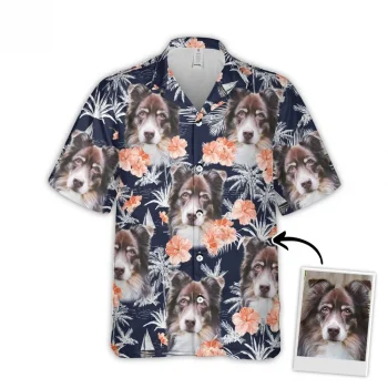 Custom Hawaiian Shirt With Pet Face, Personalized Gift For Pet Lovers, Orange Flower, Coconut, Palm Trees And Sailboat Dark Navy Color Aloha Shirt