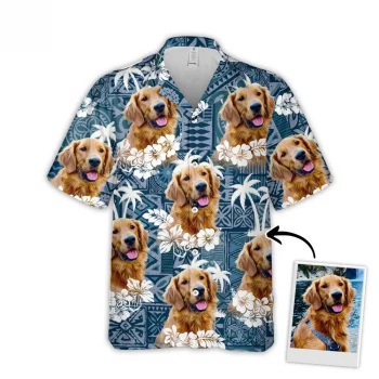 Custom Hawaiian Shirt With Pet Face, Personalized Gift For Pet Lovers, Tapa Tribal, Vintage Flower And Leaves Dark Blue Color Aloha Shirt