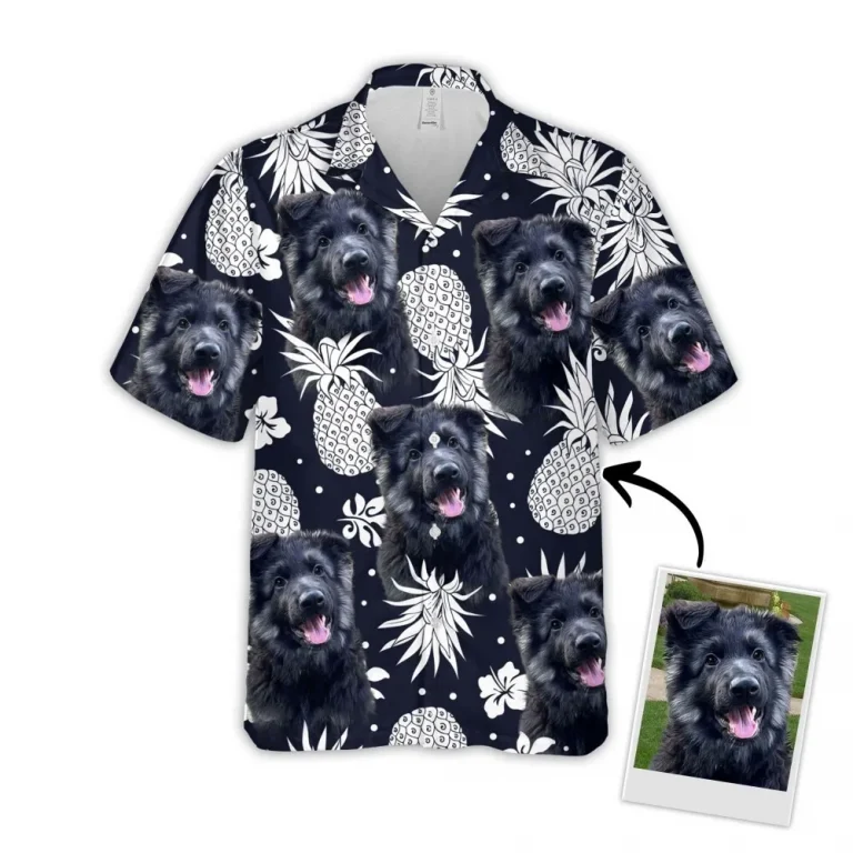 Custom Hawaiian Shirt With Pet Face, Personalized Gift For Pet Lovers, Pineapple Pattern Dark Navy Color Aloha Shirt