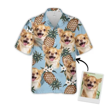 Custom Hawaiian Shirt With Pet Face, Personalized Gift For Pet Lovers, Pineapple Pattern Light Blue Color Aloha Shirt