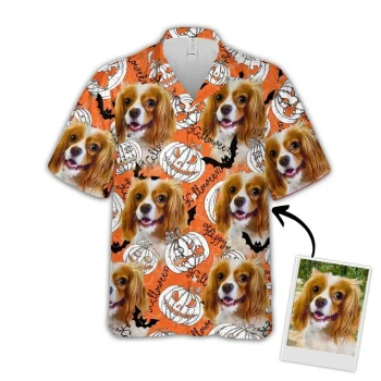 Custom Hawaiian Shirt With Pet Face, Personalized Gift For Pet Lovers, Pumpkin Pattern Neon-orange Aloha Shirt Color