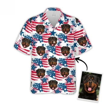 Custom Hawaiian Shirt With Pet Face, Personalized Gift For Pet Lovers, Red & Blue Leaves Pattern Aloha Shirt