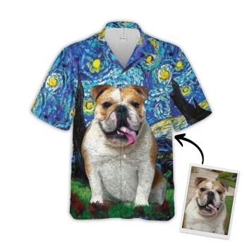 Custom Hawaiian Shirt With Pet Face, Personalized Gift For Pet Lovers, Starry Night Pattern Blue Color Aloha Shirt