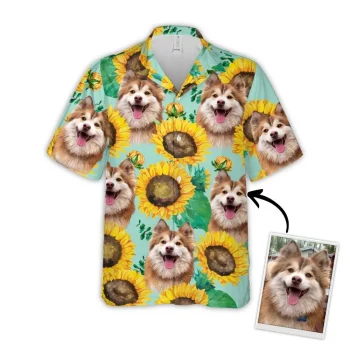 Custom Hawaiian Shirt With Pet Face, Personalized Gift For Pet Lovers, Sunflower & Green Pattern Aloha Shirt