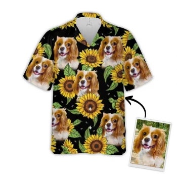 Custom Hawaiian Shirt With Pet Face, Personalized Gift For Pet Lovers, Sunflower & Leaves Pattern Aloha Shirt