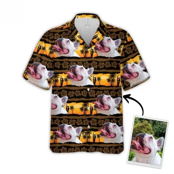 Custom Hawaiian Shirt With Pet Face, Personalized Gift For Pet Lovers, Sunset & Palm Tree Pattern Aloha Shirt