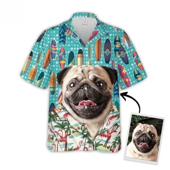 Custom Hawaiian Shirt With Pet Face, Personalized Gift For Pet Lovers, Surfing Pattern Sky Blue Color Aloha Shirt