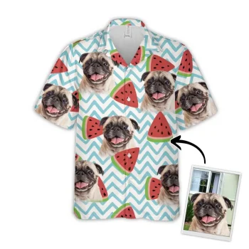 Custom Hawaiian Shirt With Pet Face, Personalized Gift For Pet Lovers, Watermelon Pattern White Color Aloha Shirt