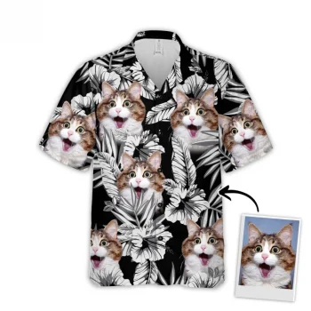 Custom Hawaiian Shirt For Cat Lovers, Personalized Kitty Lovers Gift, Flowers Pattern Black Color Aloha Shirt