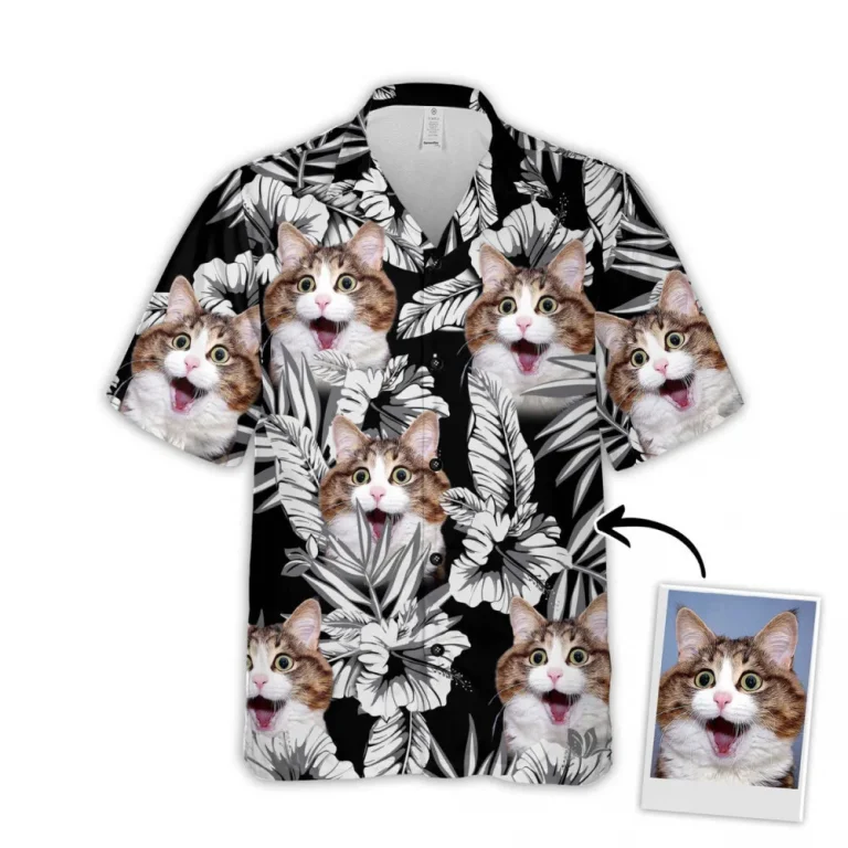 Custom Hawaiian Shirt For Cat Lovers, Personalized Kitty Lovers Gift, Flowers Pattern Black Color Aloha Shirt