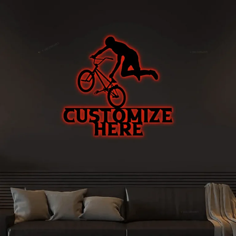 Customizable Bmx Biker Sign With Led Lights, Custom Metal Bike Sign, Personalized Bmx Bike Decoration