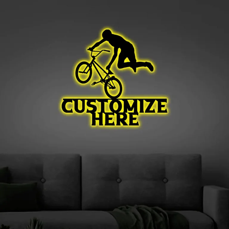 Customizable Bmx Biker Sign With Led Lights, Custom Metal Bike Sign, Personalized Bmx Bike Decoration