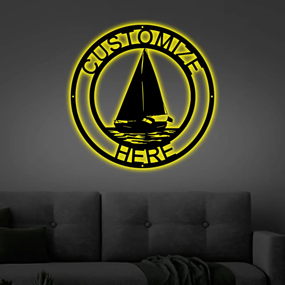 Customizable Metal Sailboat Led Lights Sign, Sailboat Decoration, Personalized Metal Watersports Sign, Beach Decor, Boat Sign