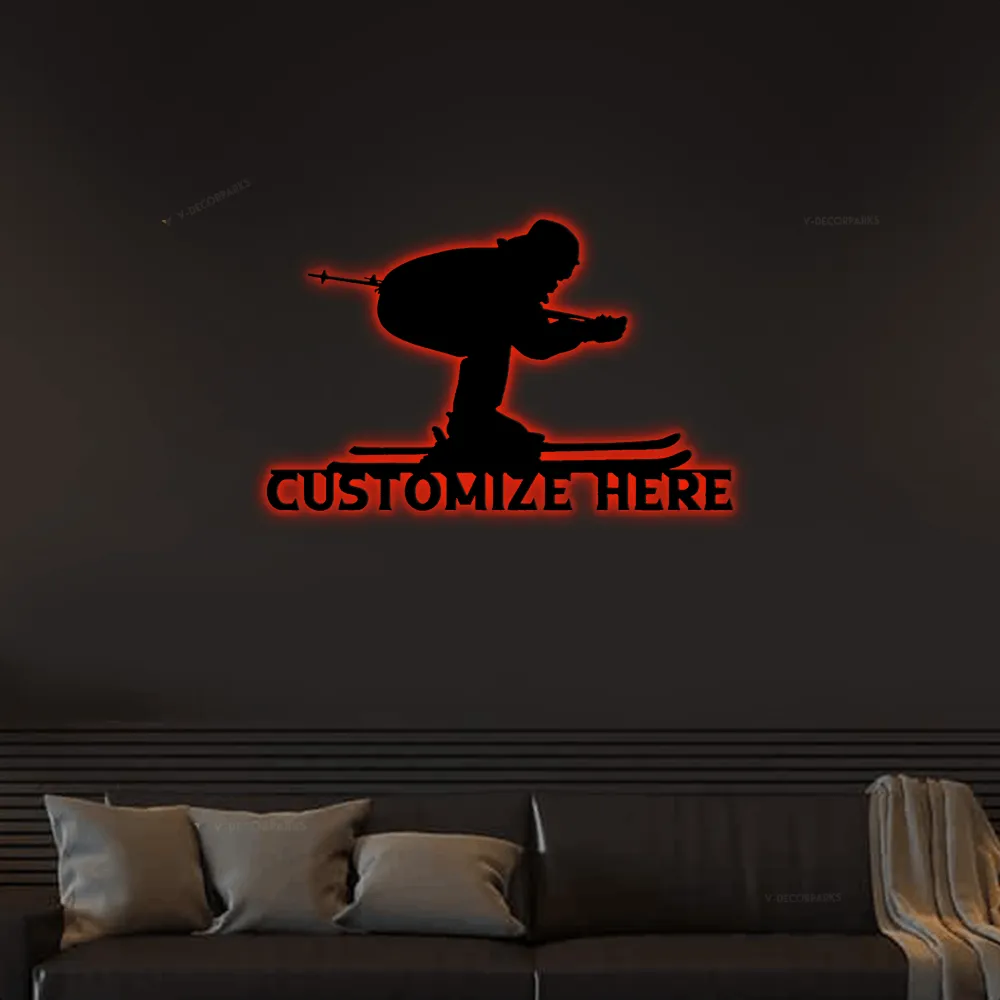 Customizable Metal Skiing Led Lights Sign, Ski Lover, Skiing Decor, Ski Lodge Decor, Decor For Snow Sport, Ski Sport Sign