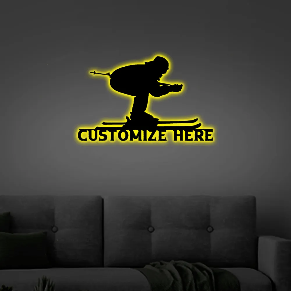 Customizable Metal Skiing Led Lights Sign, Ski Lover, Skiing Decor, Ski Lodge Decor, Decor For Snow Sport, Ski Sport Sign