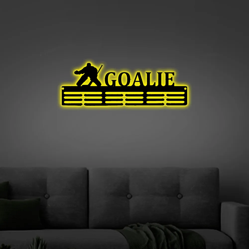 Customized Led Lights, Hockey Goalie Sport Medal Hanger Metal Sign - 12 Rungs For Medals _ Ribbons, Show Team Spirit, Metal Sign, Art, Wall Decor