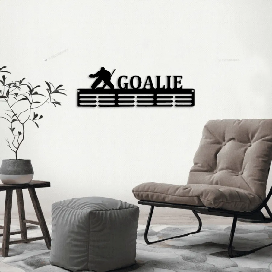 Customized Led Lights, Hockey Goalie Sport Medal Hanger Metal Sign - 12 Rungs For Medals _ Ribbons, Show Team Spirit, Metal Sign, Art, Wall Decor