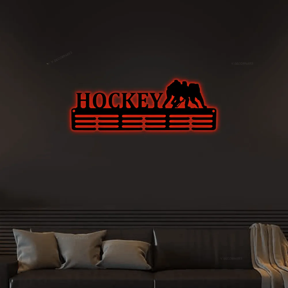 Customized Hockey Sport Medal Hanger Led Lights, Metal Sign - 12 Rungs For Medals & Ribbons, Show Team Spirit, Metal Sign, Wall Decor, Hockey Gift