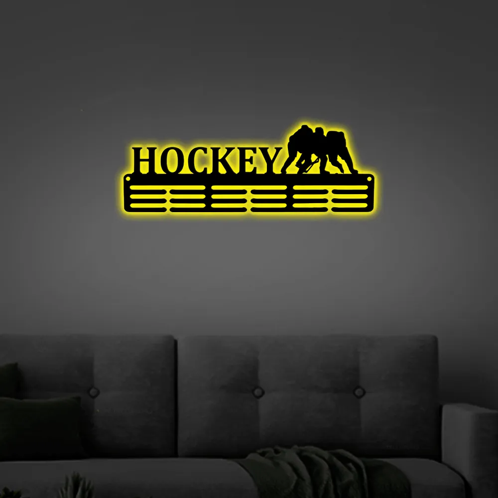 Customized Hockey Sport Medal Hanger Led Lights, Metal Sign - 12 Rungs For Medals & Ribbons, Show Team Spirit, Metal Sign, Wall Decor, Hockey Gift