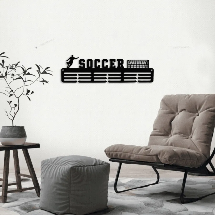 Customized Soccer Sport Led Lights, Medal Hanger Metal Sign - 12 Rungs For Medals & Ribbons, Show Team Spirit, Metal Sign Wall Decor