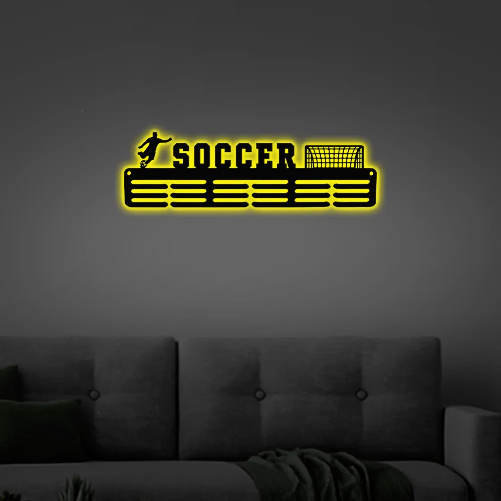 Customized Soccer Sport Led Lights, Medal Hanger Metal Sign - 12 Rungs For Medals & Ribbons, Show Team Spirit, Metal Sign Wall Decor