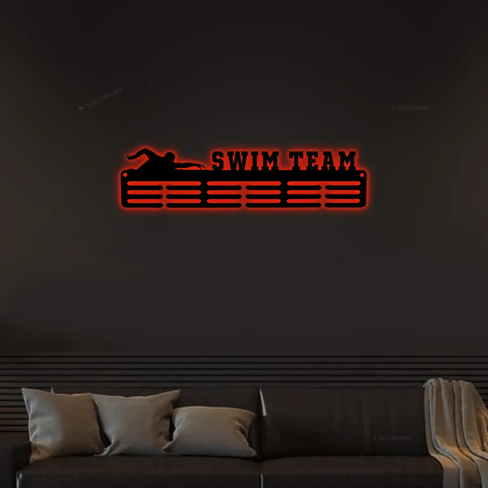 Customized Swim Team Sport Medal Hanger Led Lights, Metal Sign - 12 Rungs For Medals & Ribbons, Show Team Spirit, Metal Sign, Art, Wall Decor