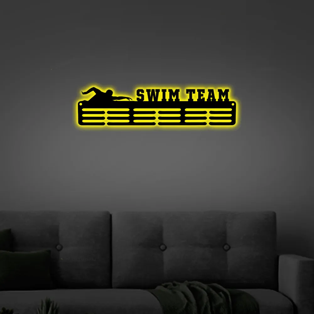 Customized Swim Team Sport Medal Hanger Led Lights, Metal Sign - 12 Rungs For Medals & Ribbons, Show Team Spirit, Metal Sign, Art, Wall Decor