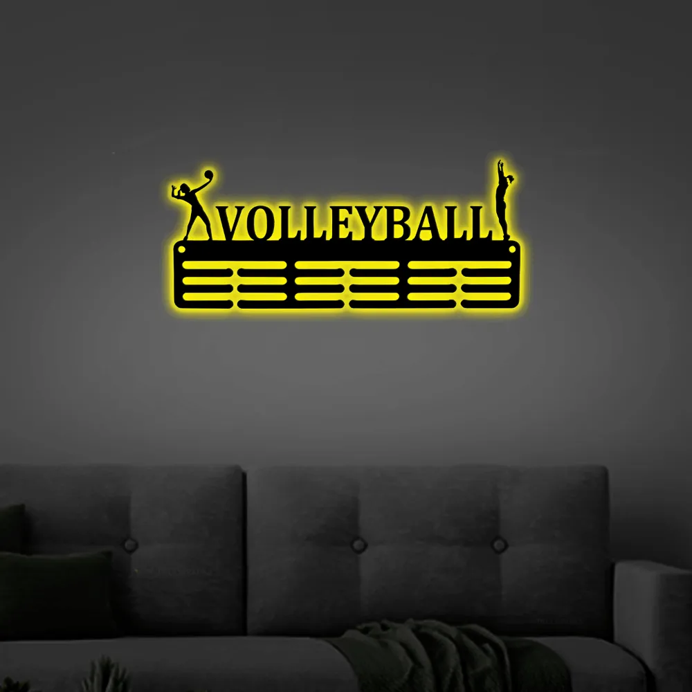 Customized Volleyball Sport Medal Hanger Metal Sign With Led Lights, - 12 Rungs For Medals & Ribbons, Show Team Spirit, Metal Sign, Art, Wall Decor