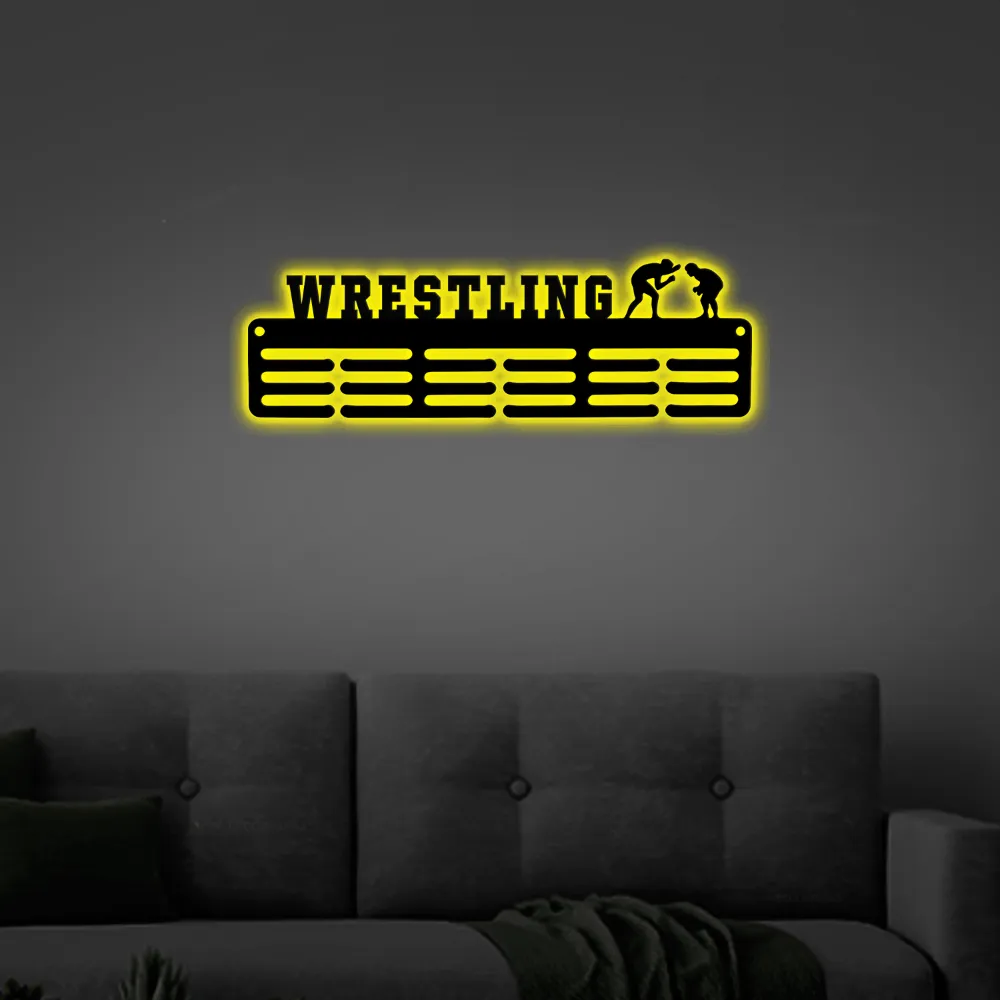 Customized Wrestling Sport Medal Hanger Led Lights, Metal Sign - 12 Rungs For Medals & Ribbons, Show Team Spirit, Metal Sign, Art, Wall Decor