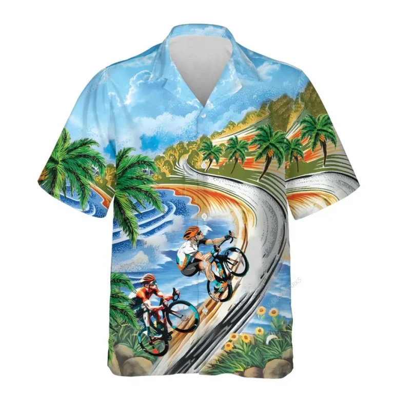 Bicycle Racing Hawaiian Shirt For Men Women, Tropical Cycling Summer Beach Shirts, Mountain Bike Aloha Shirts, Cycling Button Down Short Sleeve Shirts