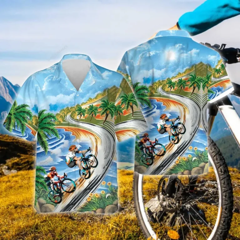 Bicycle Racing Hawaiian Shirt For Men Women, Tropical Cycling Summer Beach Shirts, Mountain Bike Aloha Shirts, Cycling Button Down Short Sleeve Shirts