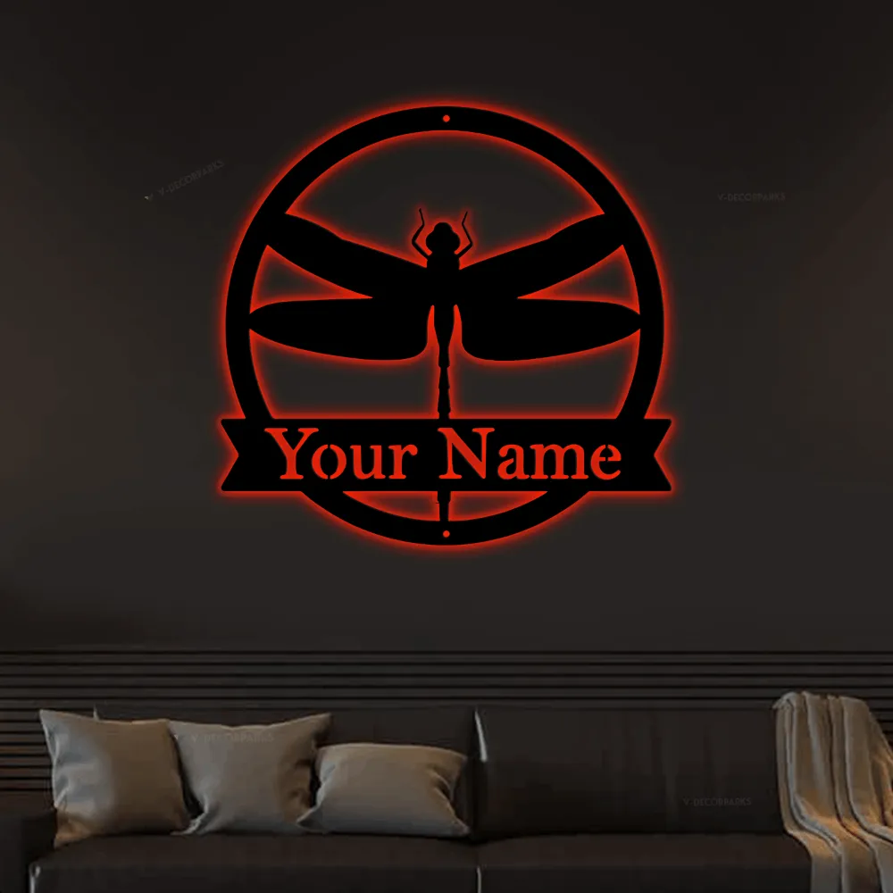 Dragon Fly Metal Sign With Led Lights, - Metal Wall Art Decor Personalized Dragonfly Metal Sign, Farm Sign, Metal Name Sign, Door Hanger