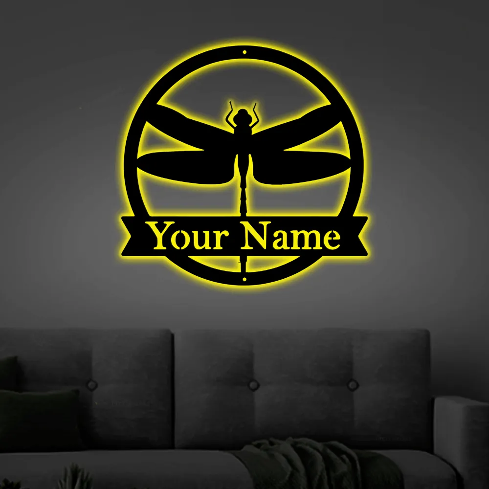 Dragon Fly Metal Sign With Led Lights, - Metal Wall Art Decor Personalized Dragonfly Metal Sign, Farm Sign, Metal Name Sign, Door Hanger