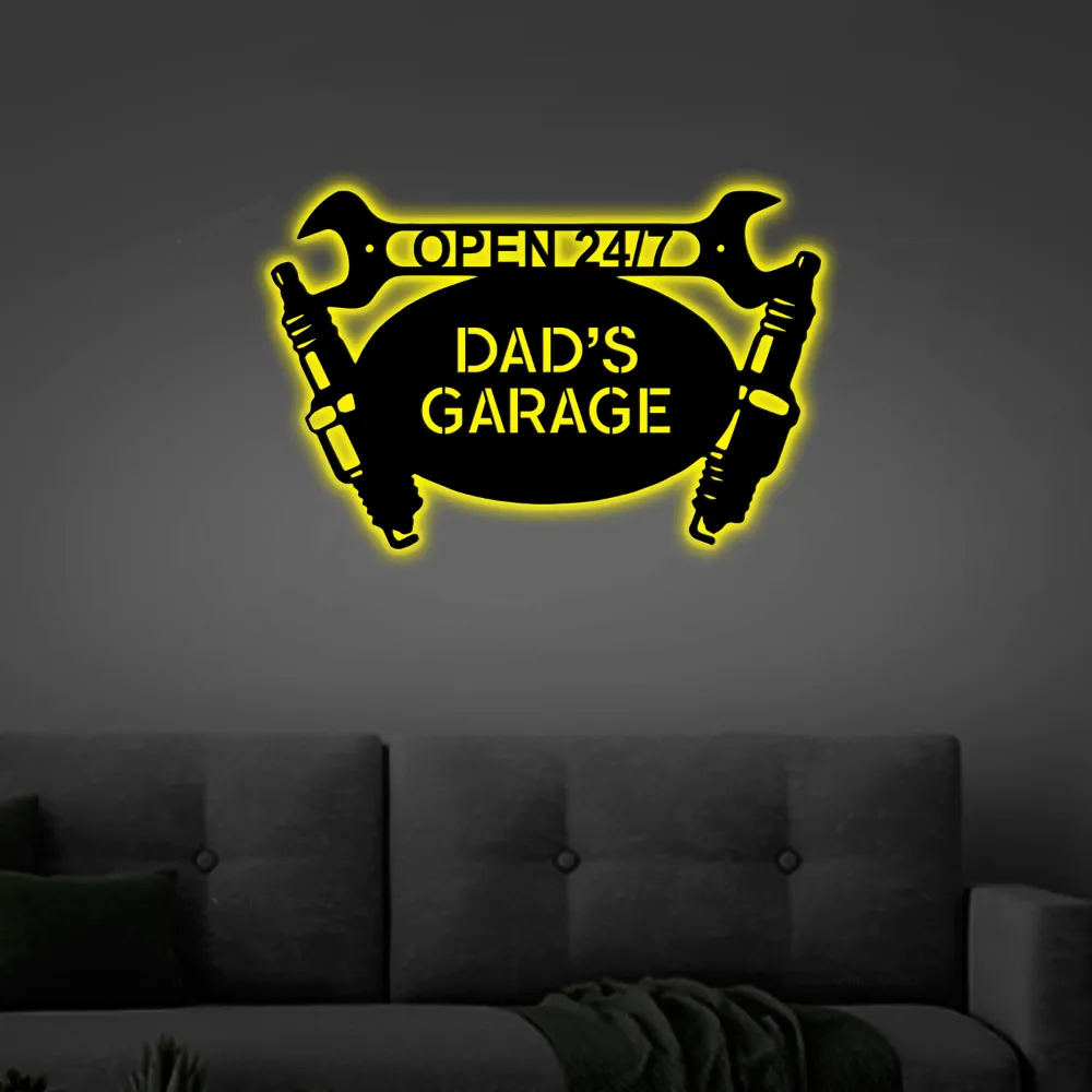 Dads Garage Sign Led Lights, Custom Monogram Steel Garage Tool Sign Personalized Workshop Wall Decor Gifts For Dad Fathers Day Gift