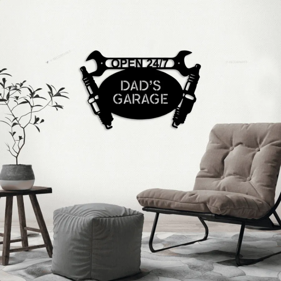 Dads Garage Sign Led Lights, Custom Monogram Steel Garage Tool Sign Personalized Workshop Wall Decor Gifts For Dad Fathers Day Gift