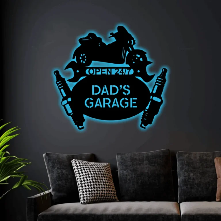 Dads Garage Sign Led Lights, Wall Hanging Decor Personalized Workshop Tool Sign Gift For Him Garage Owner Trike Mechanic Monogram