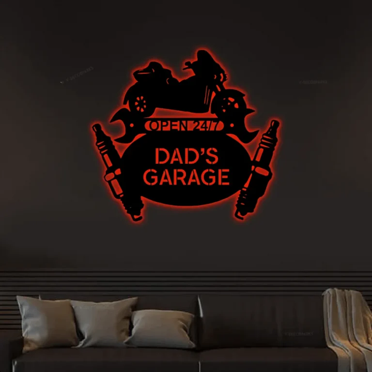 Dads Garage Sign Led Lights, Wall Hanging Decor Personalized Workshop Tool Sign Gift For Him Garage Owner Trike Mechanic Monogram
