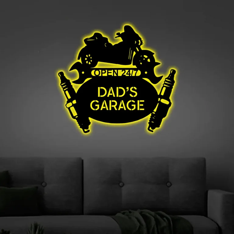 Dads Garage Sign Led Lights, Wall Hanging Decor Personalized Workshop Tool Sign Gift For Him Garage Owner Trike Mechanic Monogram
