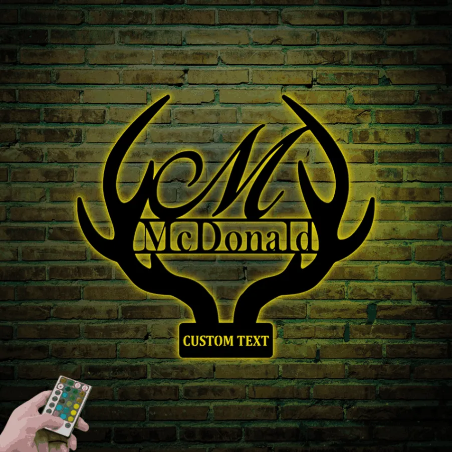 Deer Antler Monogram Letter With Led Lights Sign Home Decor, Hunter Gift, Elk Deer Camp Sign, Deer Name Metal Sign, Fathers Day Gift