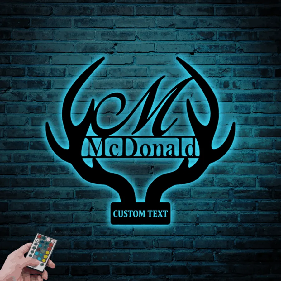 Deer Antler Monogram Letter With Led Lights Sign Home Decor, Hunter Gift, Elk Deer Camp Sign, Deer Name Metal Sign, Fathers Day Gift